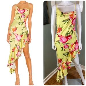 NBD Kaz Floral Yellow Watercolor Asymmetrical Dress Small Ruffle Satin Slip S